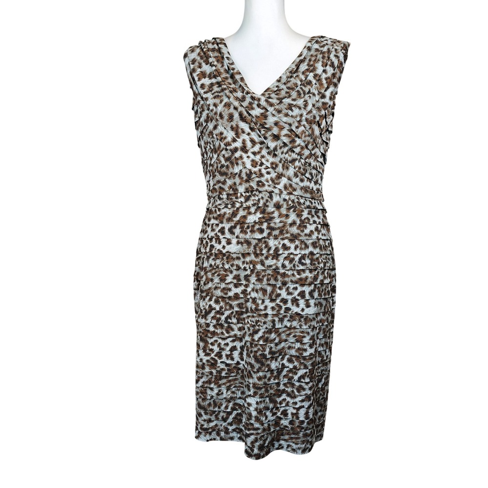 Adrianna Papell Sheath Dress Womens 12 Leopard Pleated Stretch V-Neck Party Glam